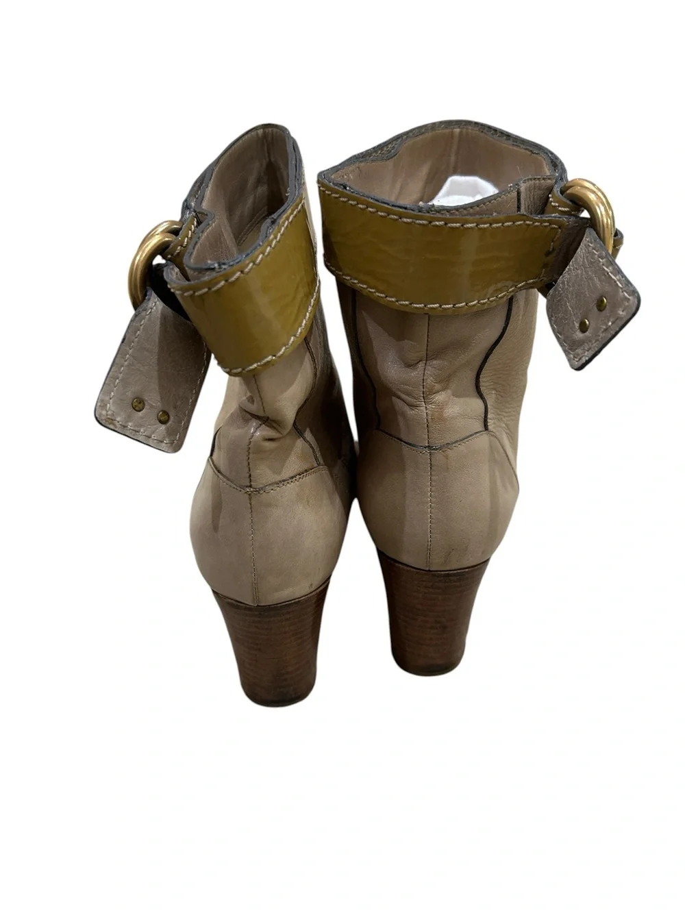 Chloe Beige Leather Ankle Boots with Olive Strap & Gold Buckle Italy size EU 39
